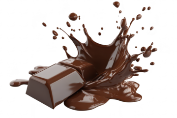 A rich. dark chocolate bar splashing into a pool of melted chocolate. creating dynamic splatters against a clean white background. ideal for culinary or dessert-related content