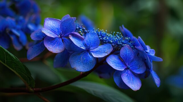 A lovely blue hydrangea blooms in a garden in Singapore