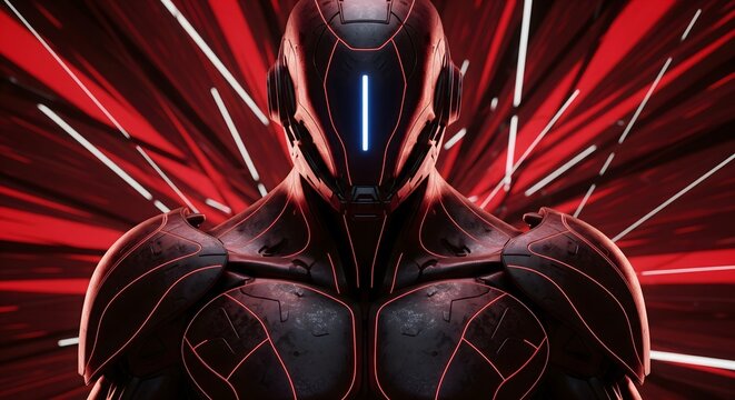 A powerful futuristic cyborg or robot warrior with glowing red lights against an abstract background. Science fiction concept of a powerful android or advanced armor.