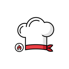Chef's hat with red band and small flame symbol represents culinary expertise and passion in a modern, minimalist style.