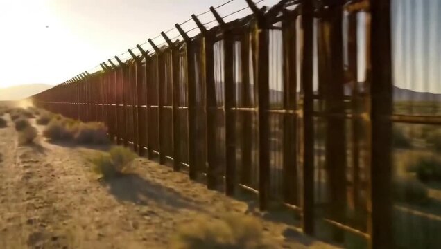 Long metal fence under warm sunset light, desert environment with shadows and dusty golden sky, cinematic landscape.