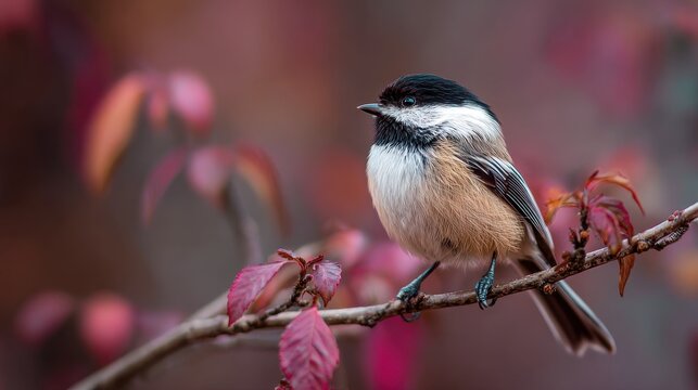 A lovely chickadee perched on a tiny branch