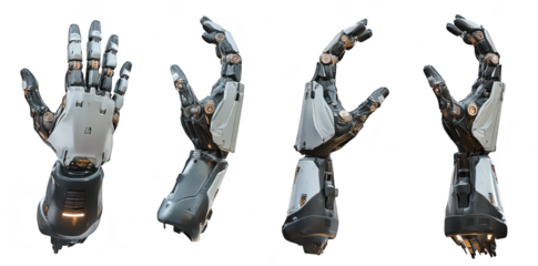 A futuristic robotic hand displayed from multiple angles. intricate mechanical details and joints. set against a clean white background. ideal for technology and innovation themes
