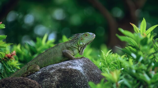 A lovely iguana rests on a big rock in a vibrant green setting
