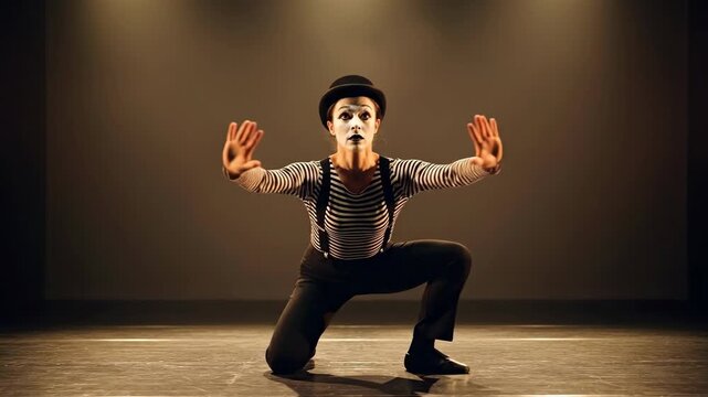 Graceful mime performing expressive dance on theatre stage with dramatic lighting