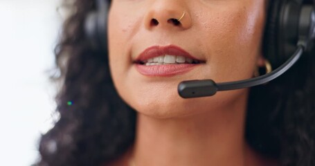 Mouth, talking and woman with microphone in call center for career, smile or telecommunication. Office, business person or consultant for advice, support or answer questions for customer service - Powered by Adobe
