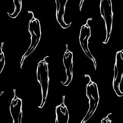 Seamless Hand-drawn White Outline Chili Pepper Dark Pattern Illustration