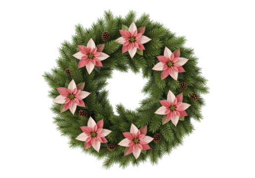 Christmas wreath with pink poinsettias and pinecones