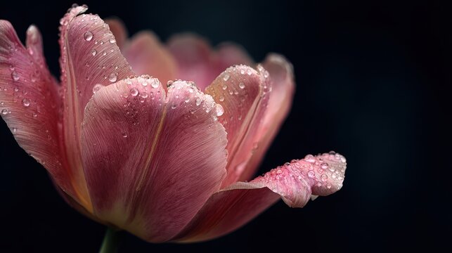A lovely pink tulip with dew on a blurred dark backdrop - Powered by Adobe
