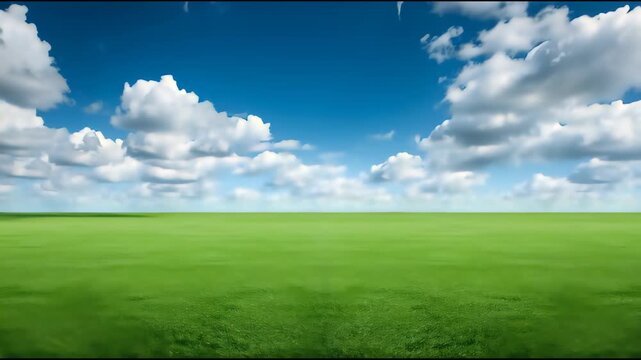Serene Meadow under Azure Skies: A boundless stretch of verdant grassland meets the horizon, beneath a vast, cloud-dappled azure expanse. Evoking tranquility and open spaces.