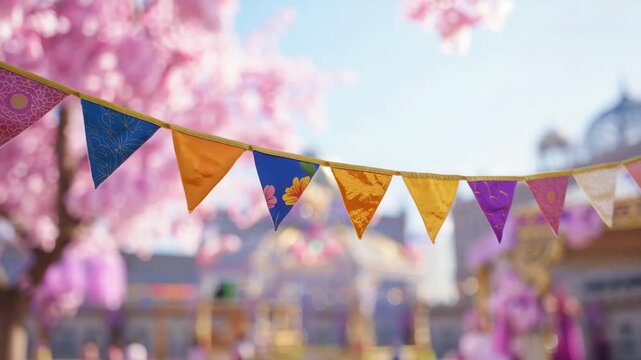 Colorful festive pennant flags outdoors, spring celebration, cherry blossoms background, seasonal decoration, traditional garland, vibrant festival, outdoor event, cultural celebration