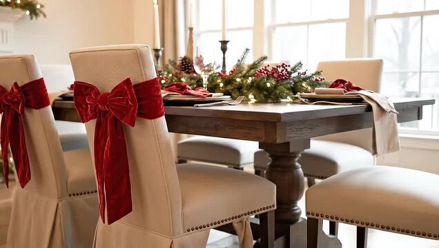 Elegant holiday dining setup with velvet bow chair decorations and festive table setting