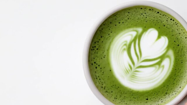Green matcha latte beverage with artistic foam design held by hand on white background