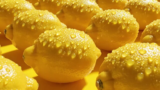 Fresh Lemons with Water Droplets - This close-up shot features a group of bright yellow lemons covered in small water droplets.