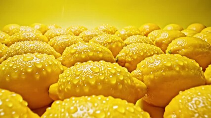 Fresh Lemons Being Washed - A close-up shot showcases numerous yellow lemons being washed with water. The lemons are packed together, with water droplets covering their surfaces. - Powered by Adobe