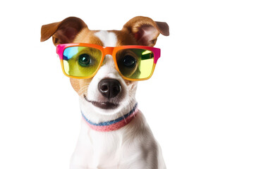 A playful dog wearing oversized colorful sunglasses. posing against a bright white background. its cheerful personality and ready for a fun summer photoshoot