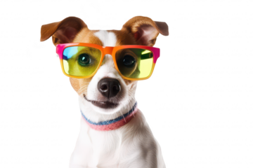 A playful dog wearing oversized colorful sunglasses. posing against a bright white background. its cheerful personality and ready for a fun summer photoshoot