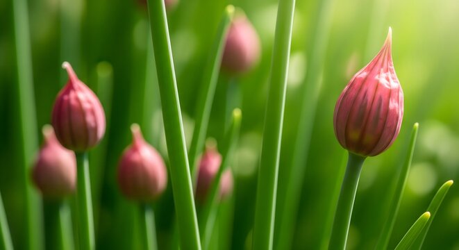 A close up of beautiful pink chive blossoms in a lush green garden. A macro photograph of delicate flower buds in nature, representing spring and growth. - Powered by Adobe