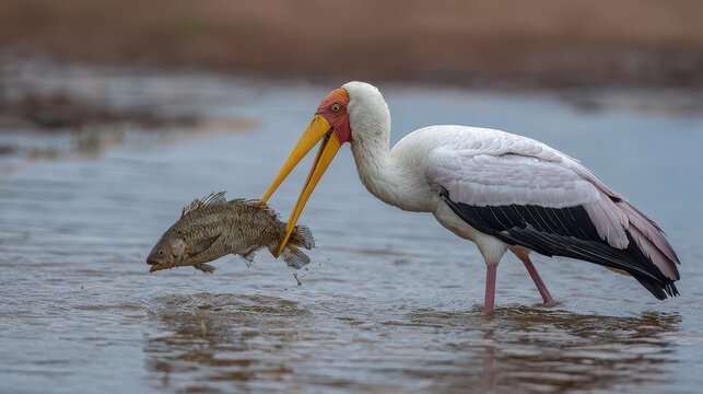 A yellow billed stork catches a mudfish