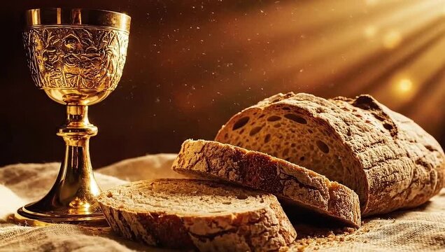 Sacred communion moment with golden chalice and rustic bread bathed in divine light