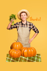 Composite zine poster trend collage of happy farmer man hold agriculture greenery pumpkin harvest...