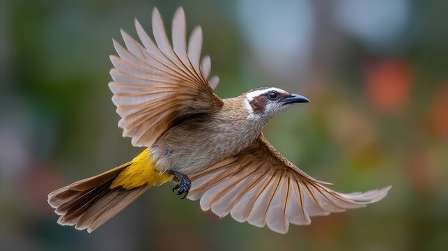 A yellow vented bulbul is soaring to snatch its airborne prey