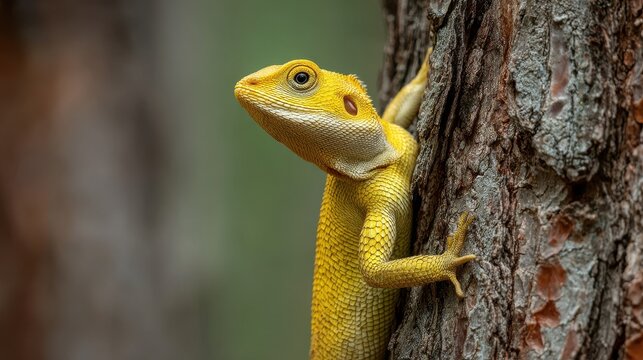 A yellow reptile rests on a tree
