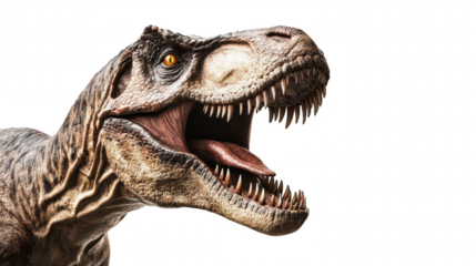 A highly detailed and realistic depiction of a roaring Tyrannosaurus Rex dinosaur. its sharp teeth and fierce expression against a plain white background. ideal for educational and creative uses