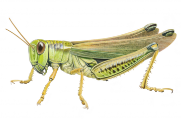 A detailed illustration of a green grasshopper its intricate anatomy and texture. set against a clean white background. perfect for educational or nature-themed projects