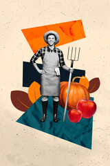 3d poster trend collage of happy farmer man hold rook leaves foliage apple agriculture harvest...