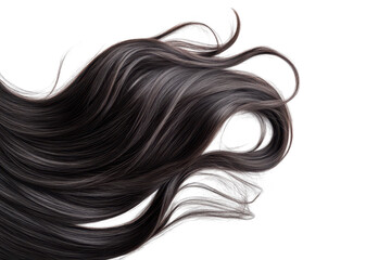Flowing strands of silky. dark hair gracefully curling against a clean white background. texture and movement. ideal for beauty and hair care promotional materials