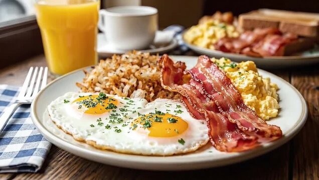 Hearty breakfast feast with sunny side up eggs, crispy bacon, hash browns, and orange juice
