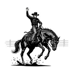 Fototapeta premium Black Silhouette Cowboy Waving Hat on Bucking Horse with Ranch Fence Vector Illustration