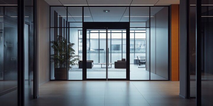 Modern Office Lobby with Glass Doors - Powered by Adobe