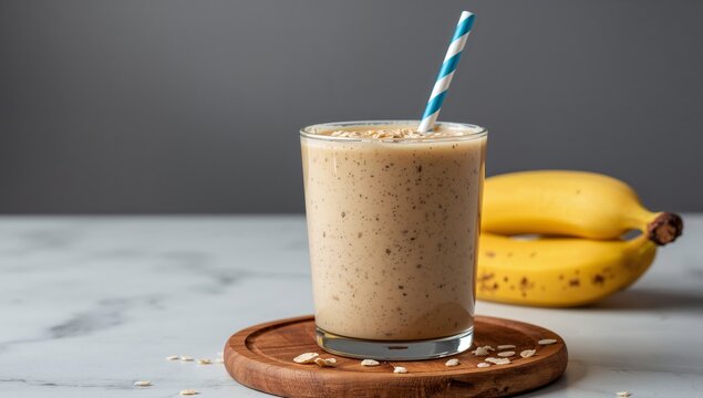Creamy Delight. A Textured Drink with Stripped Straw on a Marble Surface, Studio Shot.