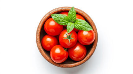 Fresh ripe red tomatoes with vibrant green basil in a rustic bowl on a clean white background, perfect for healthy cooking, culinary, and grocery concepts.