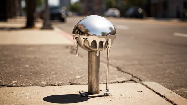 Stainless steel smart parking meter standing on a cracked sidewalk, displaying a digital screen and coin slot while managing urban street parking payments in a city environment