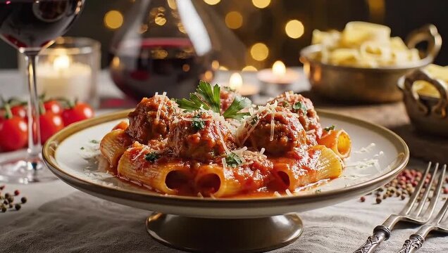 Savoring a delicious plate of rigatoni with rich meatballs and red wine, perfect for an intimate dinner scene. - Powered by Adobe