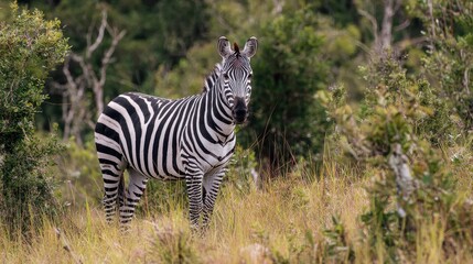 Fototapeta premium A zebra is in a grassy field encircled by trees and bushes during a safari