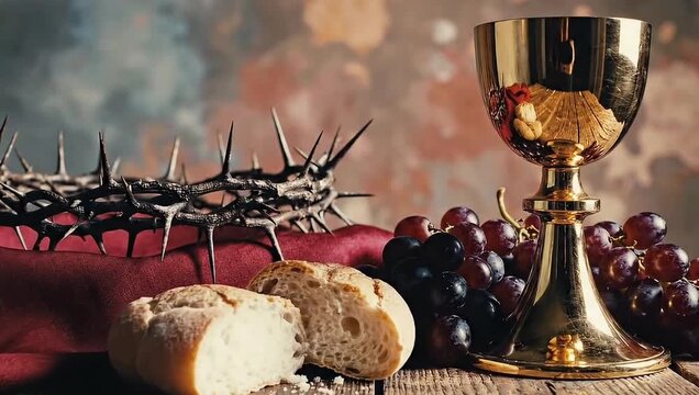 Sacred communion elements crown of thorns chalice and bread symbolizing sacrifice and redemption