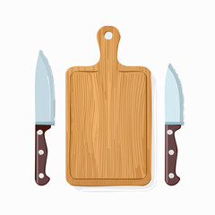 Wooden cutting board with knife