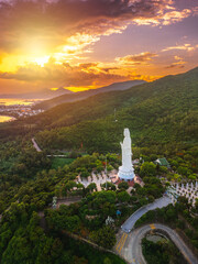 Aerial View Of Lady Buddha Statue At Sunset Over Forest Hills In Da Nang Vietnam