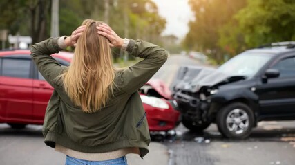 Crashed cars on the road, traffic accident scene, shocked woman, car insurance situation, emotional stress, roadside emergency, urban collision, vehicle damage, driving incident, transportation risk - Powered by Adobe