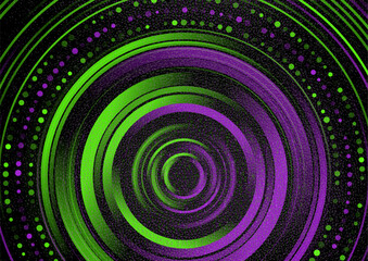 Abstract bright circles and dotted lines with grunge grainy texture background. Geometric vibrant neon vector design