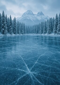 Fototapeta Serene icy landscape with mountains.