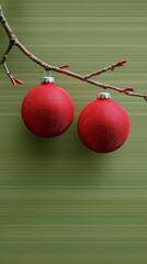 Minimalist Red Christmas Ornaments on Green Background for Mobile Wallpaper