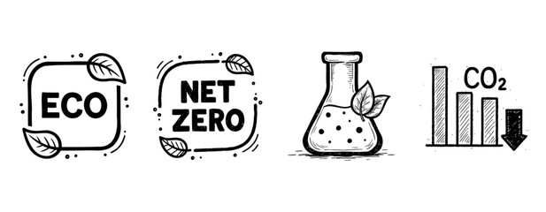 Fototapeta premium Eco-friendly icons: net zero, co2 reduction, and sustainability symbols