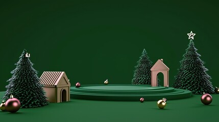 3D Animation Christmas Scene with Tree, House on Emerald Green Podium