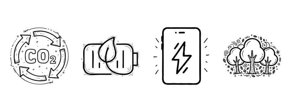 Sustainable energy icons: co2 reduction, eco battery, mobile energy, forest conservation