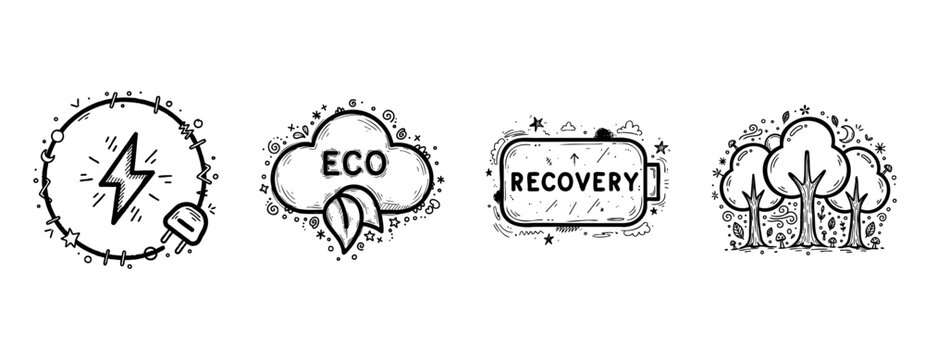 Eco-friendly energy: battery recovery, sustainable power, and nature conservation icons - Powered by Adobe